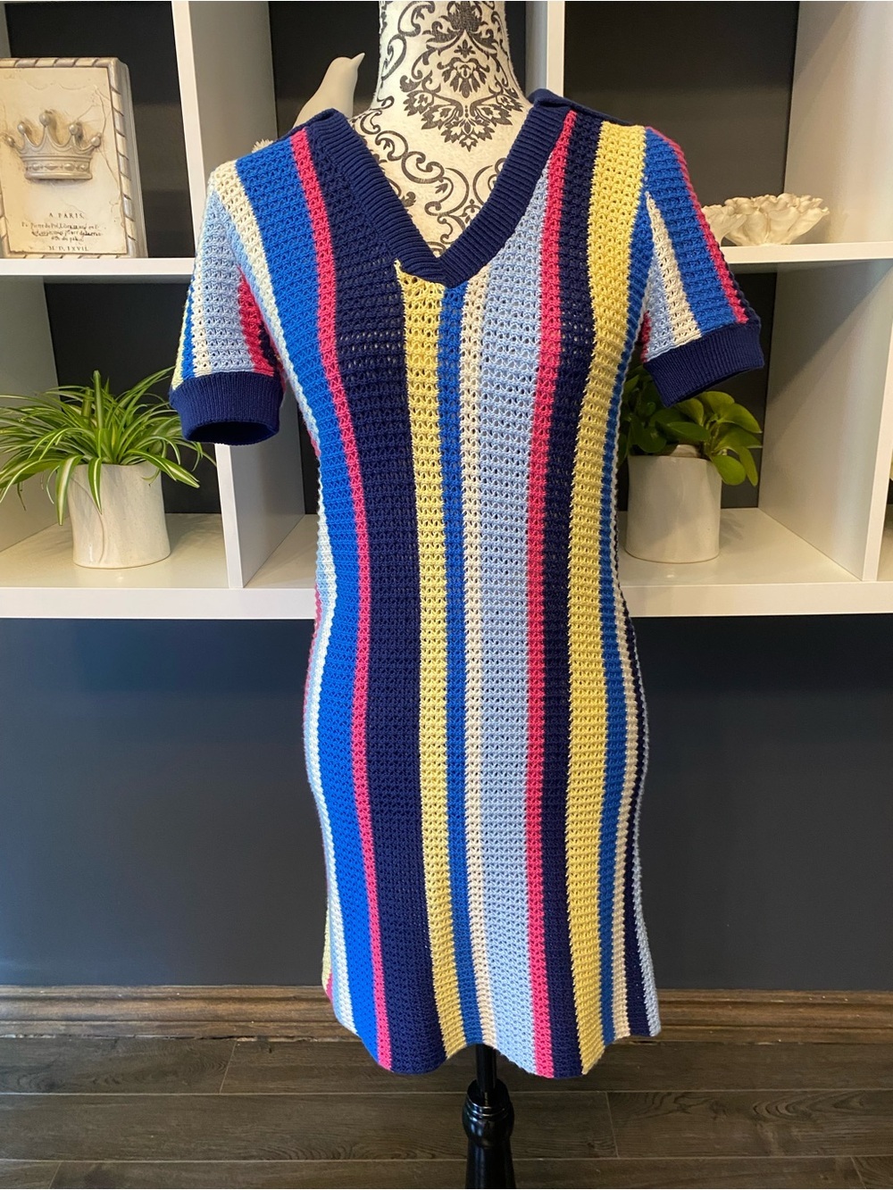 Anthropologie Maeve Striped Crochet Polo Dress in Navy, Blue, Pink & Cream XS - Picture 5 of 9
